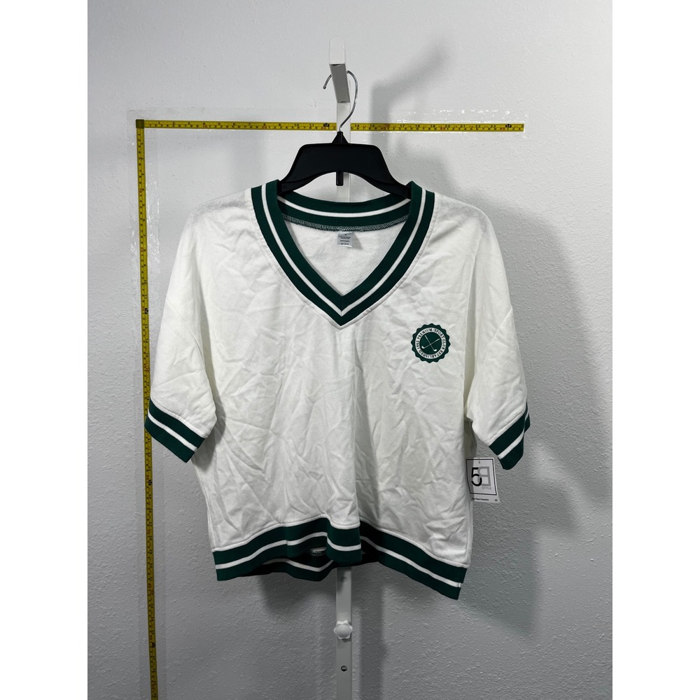 5B Style Womens Short Sleeve V-Neck Sweatshirt White‎ Green Sport Club Crest L